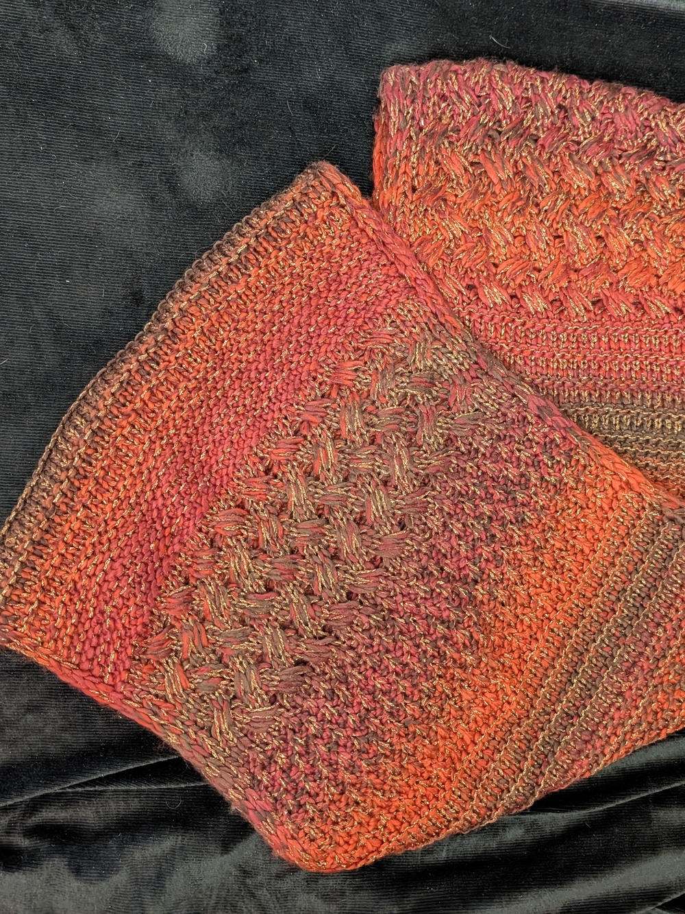 Mixit Chunky Knit Scarf in Orange and Burgundy with Gold Thread